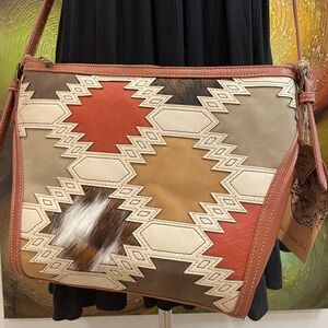 Southwestern Style Crossbody Bag with Brindle Hair and Leather Inlay